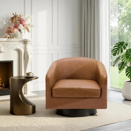 Miniatura 42 de Juego de 2 Sillas Giratorias de Acento, Silla Barril Tapizada en Tela para Sala de Estar, Cómodo Sillón Redondo Sofá Individual Asiento de Lino Beige