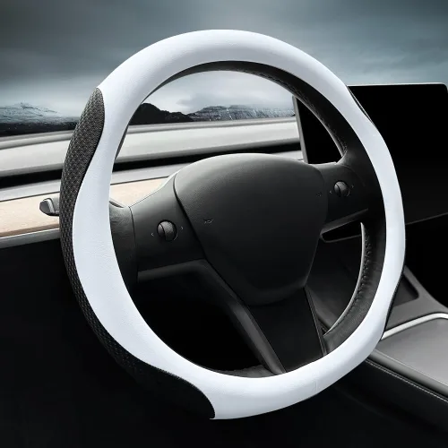 LKWLIKEI Funda de cuero de napa ultrafina para volante Tesla Modelo 3/Y, diseño antideslizante y modificación interior de accesorios de coche Blanco
