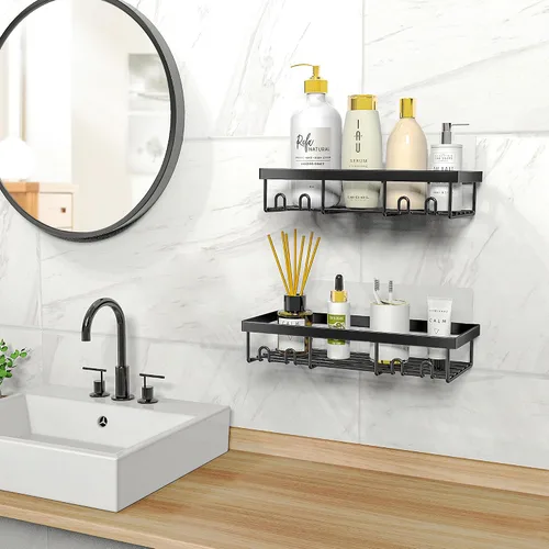 Miniatura 6 de Moforoco Estante organizador de estante para ducha, cesta autoadhesiva negra para estantes de baño, decoración interior de pared de casa de campo