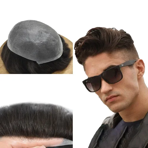 Miniatura 19 de Pieza de pelo para hombres Toupee sistema de reemplazo de cabello humano real, unidad de cabello humano ultrafino, postizo para hombre, protesis #1