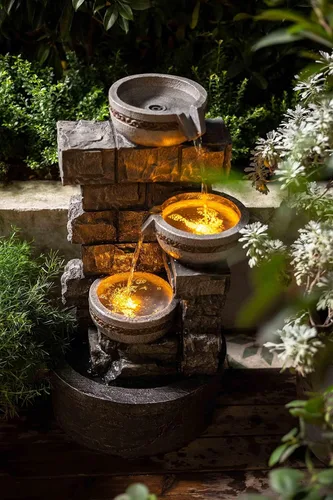 Miniatura 5 de Fuente de agua para exteriores de piedra apilada de 3 niveles, fuente de cascada independiente de 27 pulgadas con bomba incorporada, estación