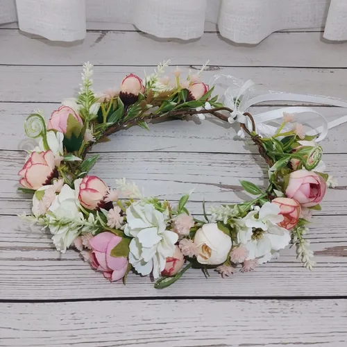 Miniatura 34 de Vividsun Corona floral de hoja verde para boda, corona de flores nupciales, accesorios de maternidad para fotos (A blanco)