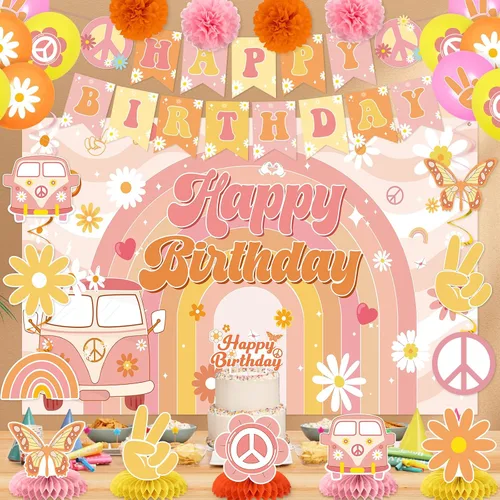 Miniatura 2 de Decoraciones de cumpleaños geniales para niñas y niños, retro hippie margarita, pancarta de feliz cumpleaños, telón de fondo de panal de abeja