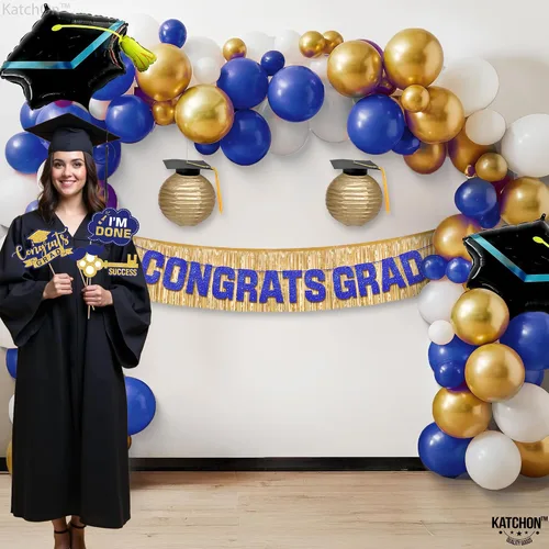 Miniatura 9 de Decoraciones de graduación 2026 Juego de arco de globos de graduación azules y dorados – Paquete enorme de 70 Cartel de felicitación