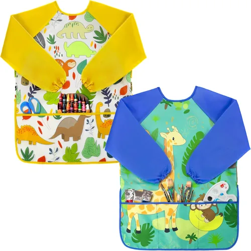 Miniatura 9 de Oiomniv Delantal de Arte para Niños – Delantal de Pintura de Manga Larga Impermeable con 3 Bolsillos, Delantal Lavable para Niños Pequeños y Niños