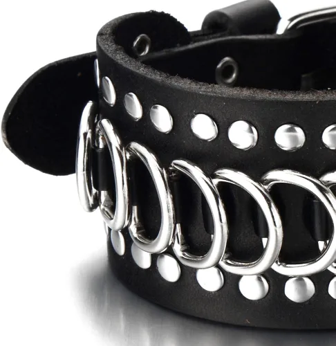 Miniatura 3 de COOLSTEELANDBEYOND Gothic Punk Mens Wide Black Leather Bracelet Wristband Accented with Chain and Rivets