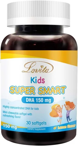 LOVITA DHA súper inteligente para niños, 150 mg de DHA y 30 mg de EPA de ácidos grasos Omega 3, apoya la salud cerebral, sabor natural a limón, 30