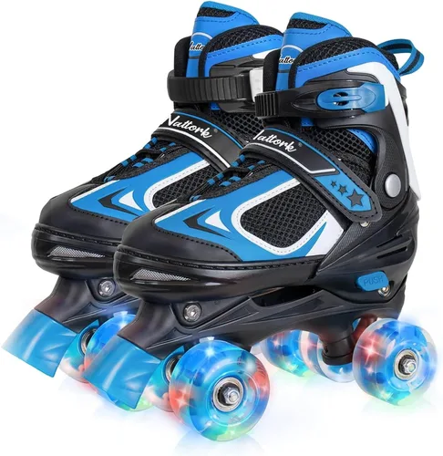 Nattork - Patines de ruedas para niños y niñas, 4 tamaños, patines ajustables con ruedas iluminadas, divertidos patines para niños pequeños, Azul