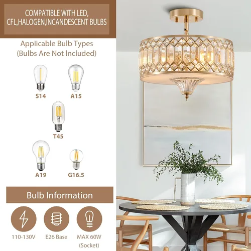 Miniatura 4 de Gold Crystal Ceiling Light Fixture for Hallway Foyer Bedroom Kitchen Island, 13" Modern Drum Round Close to Ceiling Light Fixture, 3-Light, Brushed