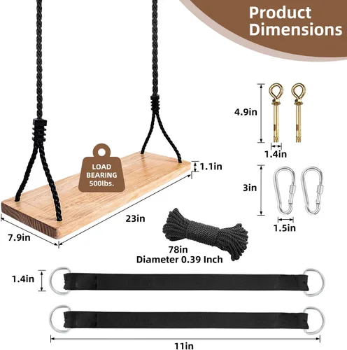 Miniatura 2 de Asiento de columpio de madera de 23 x 8 x 1.1 500 libras, cuerda de nailon ajustable y correas de extensión para árbol, columpio de madera