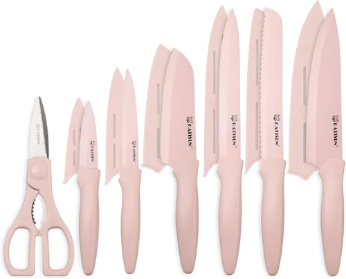 Juego de cuchillos de cocina con protectores, juego de cuchillos antiadherentes de color rosa en caja, antioxidante y apto para lavavajillas, 6