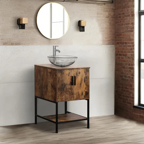 Miniatura 3 de UEV Juego de tocador de baño antiguo de 24 pulgadas, color marrón oscuro con lavabo, armario de baño de madera de hierro con grifo de temperatura