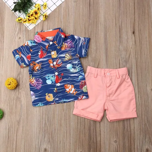 Miniatura 21 de Conjunto de camisa de manga corta con botones y pantalones cortos casuales con diseño de flamingo, para bebés y niños de 1 a 6 años, atuendos