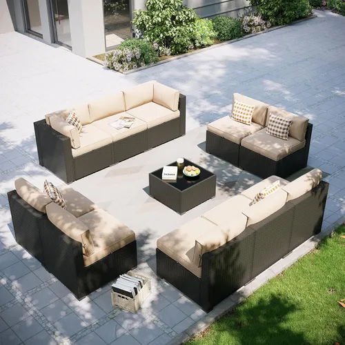 Miniatura 37 de Aoxun Juego de muebles de patio, 7 piezas de sofás seccionales para exteriores con funda impermeable, mimbre de ratán para exteriores, juego
