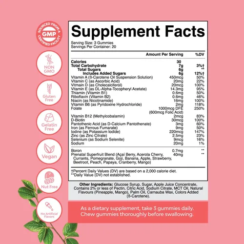 Miniatura 8 de Natures Craft Gomitas prenatales veganas para mujer, vitaminas prenatales gomosas para mujeres con ácido fólico de hierro y mezcla de superfrutas