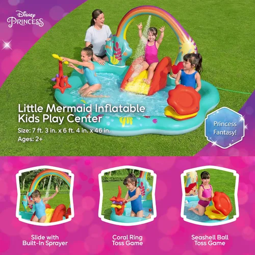 Miniatura 3 de Disney Little Mermaid - Piscina inflable para niños, centro de actividades acuáticas con tobogán, lanzamiento de anillo y juego de lanzamiento