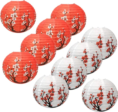 Hoypeyfiy Paquete de 10 linternas de papel de flor de cerezo, 12 pulgadas, linternas japonesas Sakura rojas y blancas, linternas de papel redondas