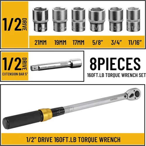 Miniatura 3 de Juego de llaves dinamométricas de clic de accionamiento de 1/2 pulgada, 10-160 FT-LB/13.6-217Nm llave dinamométrica de accionamiento 1/2, kit