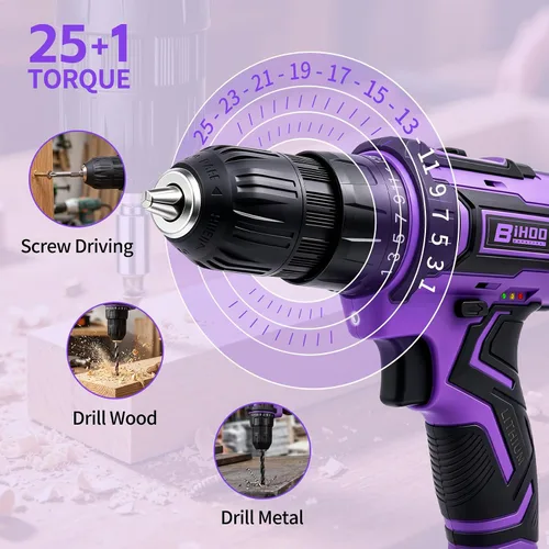 Miniatura 4 de Purple 20V Cordless Drill Electric Drill set, Electric Screwdriver with 2 Batteries & Charger, 3/8" Keyless Chuck, 25+1 Torque 2-Speed Hammer Drill
