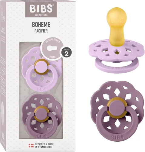 Bibs Chupetes de 6 a 18 meses, colección Boheme, paquete de 2 | Pezón redondo sin BPA | Hecho en Dinamarca | Chupete de color cielo violeta/malva