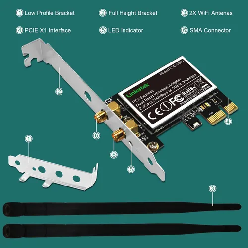 Miniatura 6 de Adaptador inalámbrico N 600Mbps (2.4GHz 300Mbps y 5GHz 300Mbps) PCIE WiFi, tarjeta WiFi PCIE, QUALCOMM Atheros AR946X Adaptador de red inalámbrica
