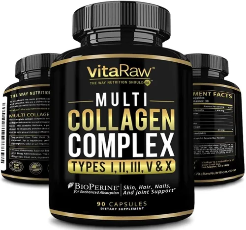 VitaRaw Píldoras de colágeno de 1800 mg - Suplementos de colágeno múltiple (tipos I, II, III, V y X) píldoras de péptidos de colágeno alimentados