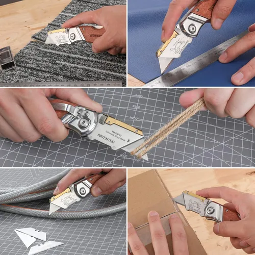 Miniatura 9 de WORKPRO Cuchillo utilitario plegable con clip para cinturón y cuchillas adicionales de 10 piezas, mango de madera, cortador resistente, cambio