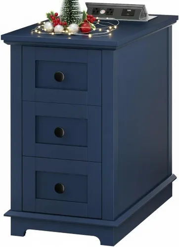 Miniatura 14 de HIFYOBRO - Mesa auxiliar con 3 cajones y estación de carga con tapa abatible, mesa auxiliar con almacenamiento, mesita de noche estrecha de madera