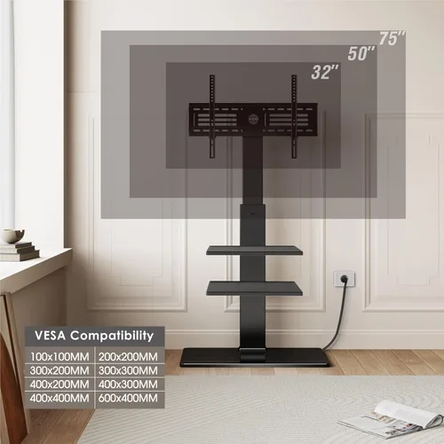 Miniatura 5 de FITUEYES Soporte de TV de suelo para TV de 32 a 75 pulgadas con toma de corriente, soporte de TV alto para dormitorio, sala de estar con base