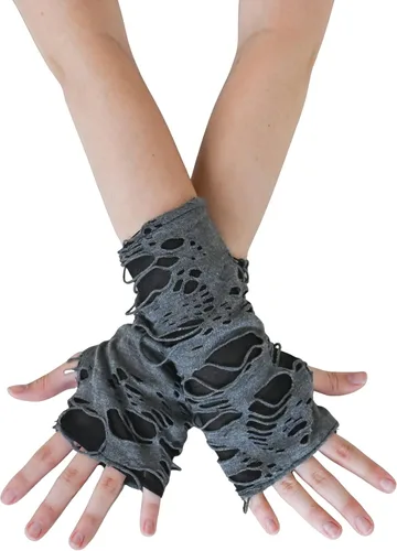 Skeleteen Calentadores de brazos rasgados punk, guantes de punto sin dedos, de manga larga, accesorios góticos para hombres y mujeres, Gris