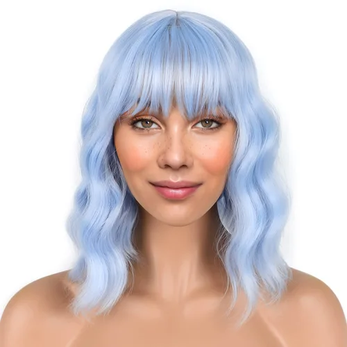 LANICE Pelucas cortas de color azul claro con flequillo para mujer, cabello ondulado suelto, largo hasta el hombro, pelucas sintéticas coloridas