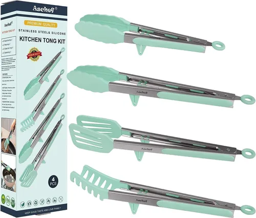 Miniatura 13 de Juego de pinzas de cocina de acero inoxidable 4 en 1 para cocinar con puntas de silicona, tostadora de bistec, pizza, pasta, espagueti, fideos, Negro