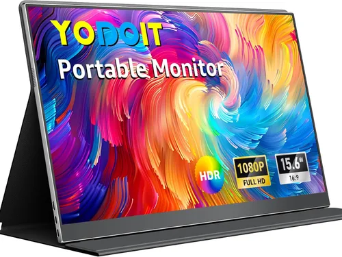Yodoit Monitor portátil para portátil, 15.6 pulgadas, 1920 × 1080, monitor de viaje FHD pantalla IPS con puerto USB tipo C, altavoces y cubierta