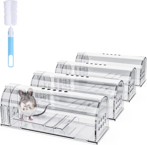 Miniatura 9 de Paquete de 4 trampas humanas para ratones sin muerte, atrapa y libera trampa para ratones vivos para interiores del hogar, jaula reutilizable