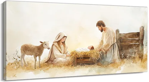 Miniatura 30 de TIMUBA Arte de pared de pesebre navideño, impresiones en lienzo de belén, imagen de póster cristiano de Jesús de noche estrellada, pintura