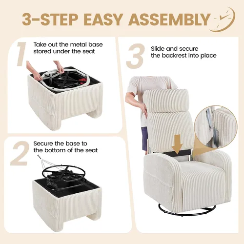 Miniatura 6 de Yaheetech Silla giratoria de 360° para guardería, mecedora de enfermería con bolsillos laterales, deslizador de pana para sala de estar con respaldo