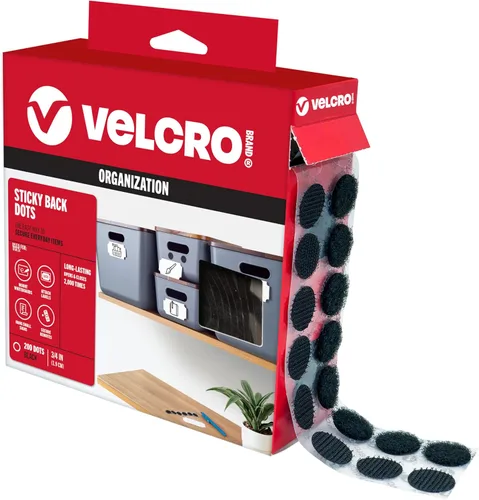 Puntos con adhesivo marca VELCRO en negro | 200 paquetes | Círculos de 3/4" | Cierres adhesivos redondos de gancho y bucle para organizar,