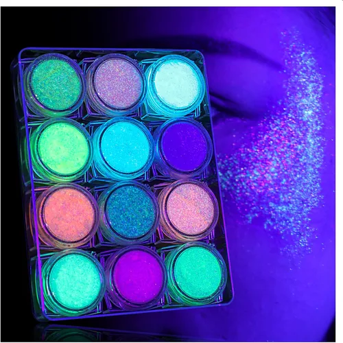 LATIBELL Gel de purpurina corporal para la cara, maquillaje reactivo con luz negra UV, 12 colores, purpurina fina para mujeres, accesorios para