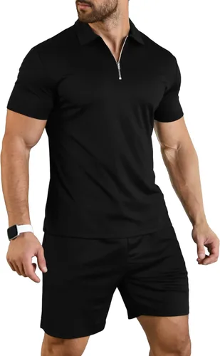 YTD Conjunto de camisa polo y pantalones cortos de manga corta para hombre, conjunto de dos piezas de verano con cremallera, conjunto deportivo para