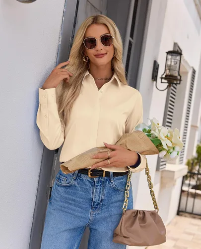 Miniatura 2 de Gleeivy Camisa con botones para mujer, solapa con botones ocultos, ligera, transpirable, resistente a las manchas, manga larga, trabajo e informal