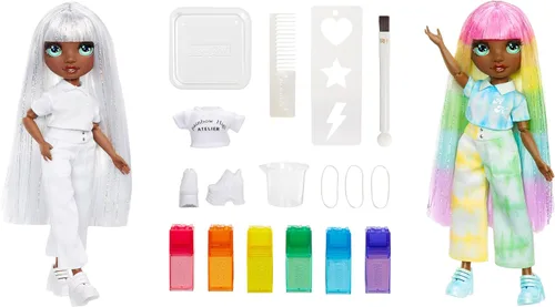 Miniatura 2 de Rainbow High Muñeca de moda DIY para crear con acuarelas y crear con kit de tie-dye lavable, ojos verdes, cabello largo y liso, top y zapatos
