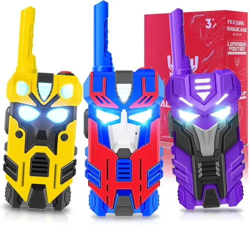 Walkie-talkies de transformación de juguetes para niños, paquete de 3 con ojos iluminados frescos y rango de 2500 pies, juguetes de campamento al