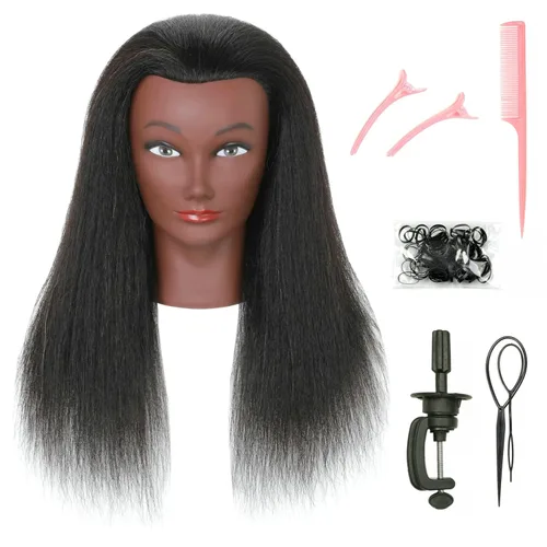 Cabeza de maniquí con cabello humano 100% real para práctica afroamericana, maniquí estilo muñeca, cabeza trenzada, cosmetología, entrenamiento de
