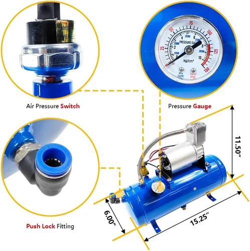 Miniatura 3 de Compresor de aire DC de 12V 150PSI con tanque de 6 litros 1.6 galones Apto para bocinas de tren neumáticos de autocaravana Compresor de aire