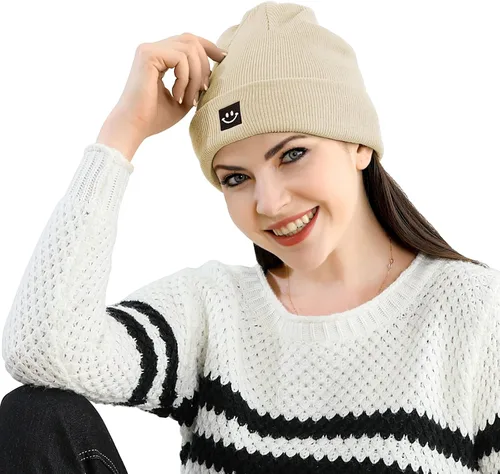 Miniatura 6 de MaxNova Gorro para mujer y hombre, diseño de cara sonriente, gorro de invierno, 2 paquetes