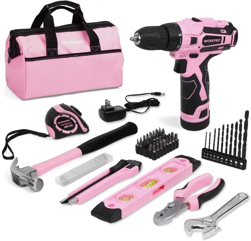WORKPRO Taladro inalámbrico rosa de 12 V y kit de herramientas para el hogar, juego de herramientas manuales para bricolaje, mantenimiento del