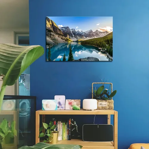 Colorado - Arte de pared de montaña de nieve y lago Moraine Parque Nacional, paisaje, pintura moderna sobre lienzo, imagen enmarcada para sala de