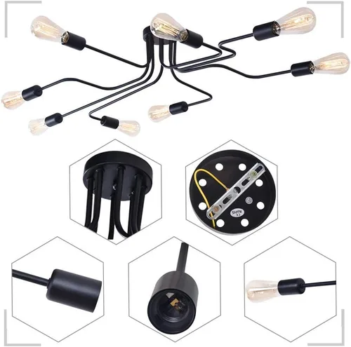 Miniatura 3 de Lingkai Sputnik - Lámpara de techo industrial, 8 luces, semiempotrada, con acabado negro mate para sala de estar, dormitorio, comedor