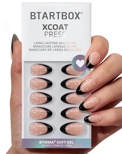 Miniatura 9 de BTArtbox Uñas cortas a presión, color negro, francés, almendra, con pegamento y pestañas adhesivas para mujeres en 16 tamaños, kit de 32 uñas de gel