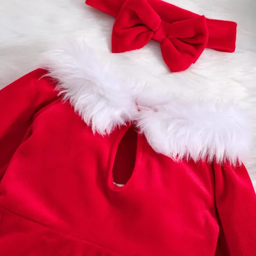 Miniatura 18 de WASAIGOOD Mameluco de Navidad para bebé niña, vestido de manga larga con ribete de piel, traje de terciopelo para Navidad, enterizo de invierno